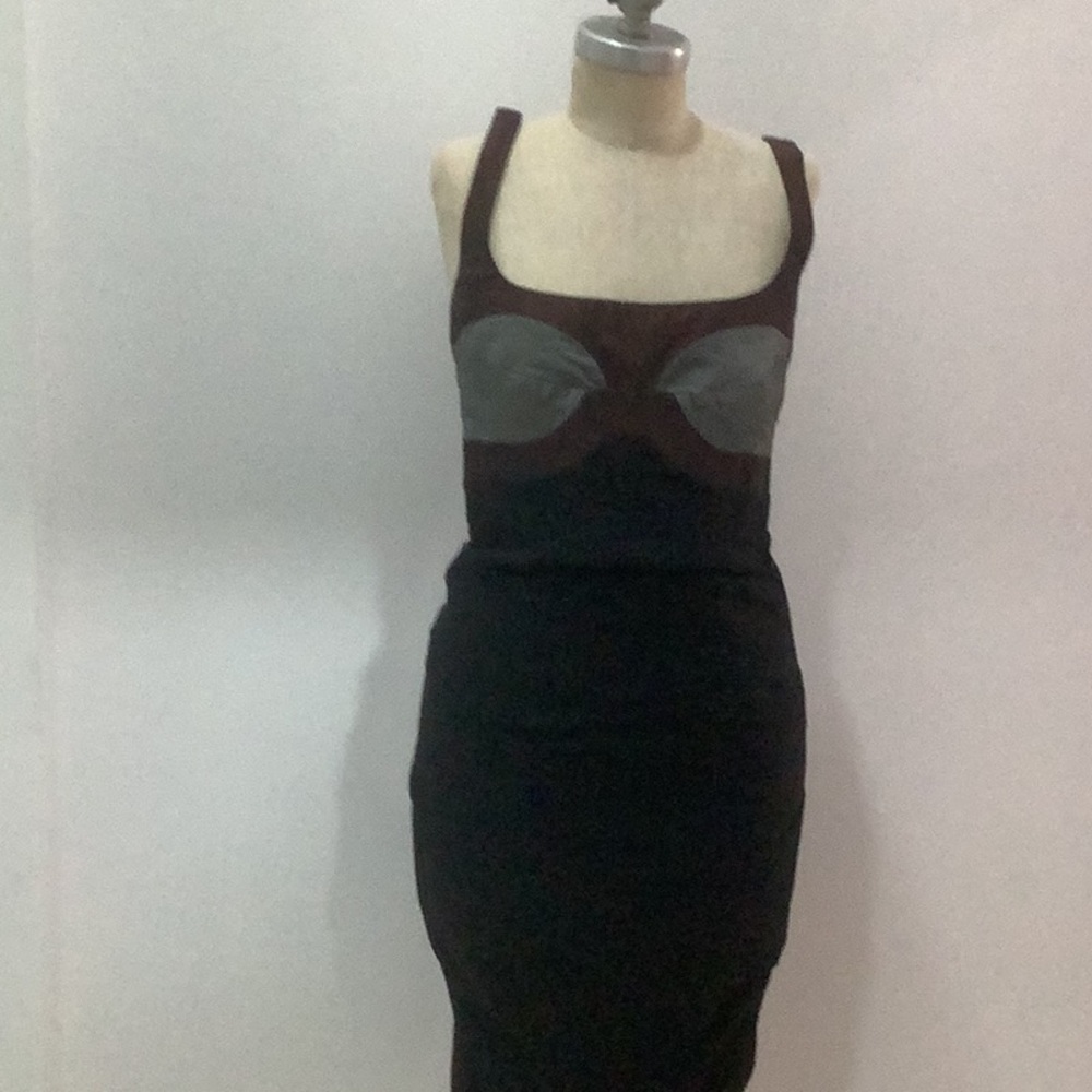 Nicole Miller Black and Gray Bustier Midi Dress